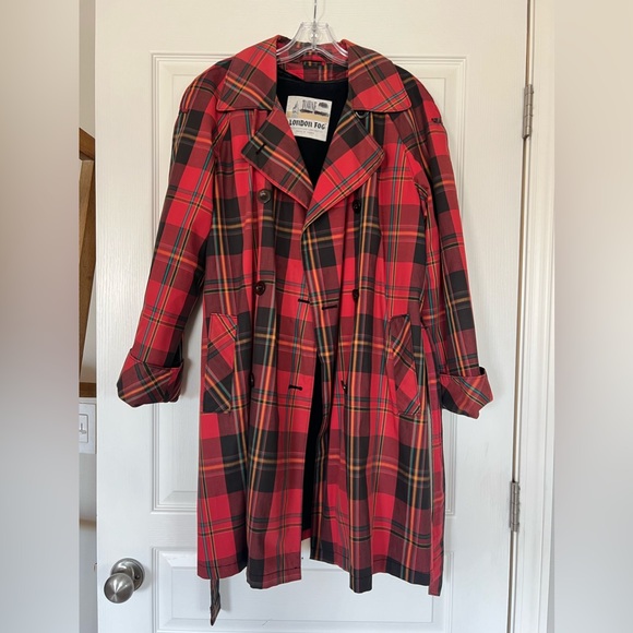 London Fog Red Plaid Trench Coat with Belt - Picture 9 of 12